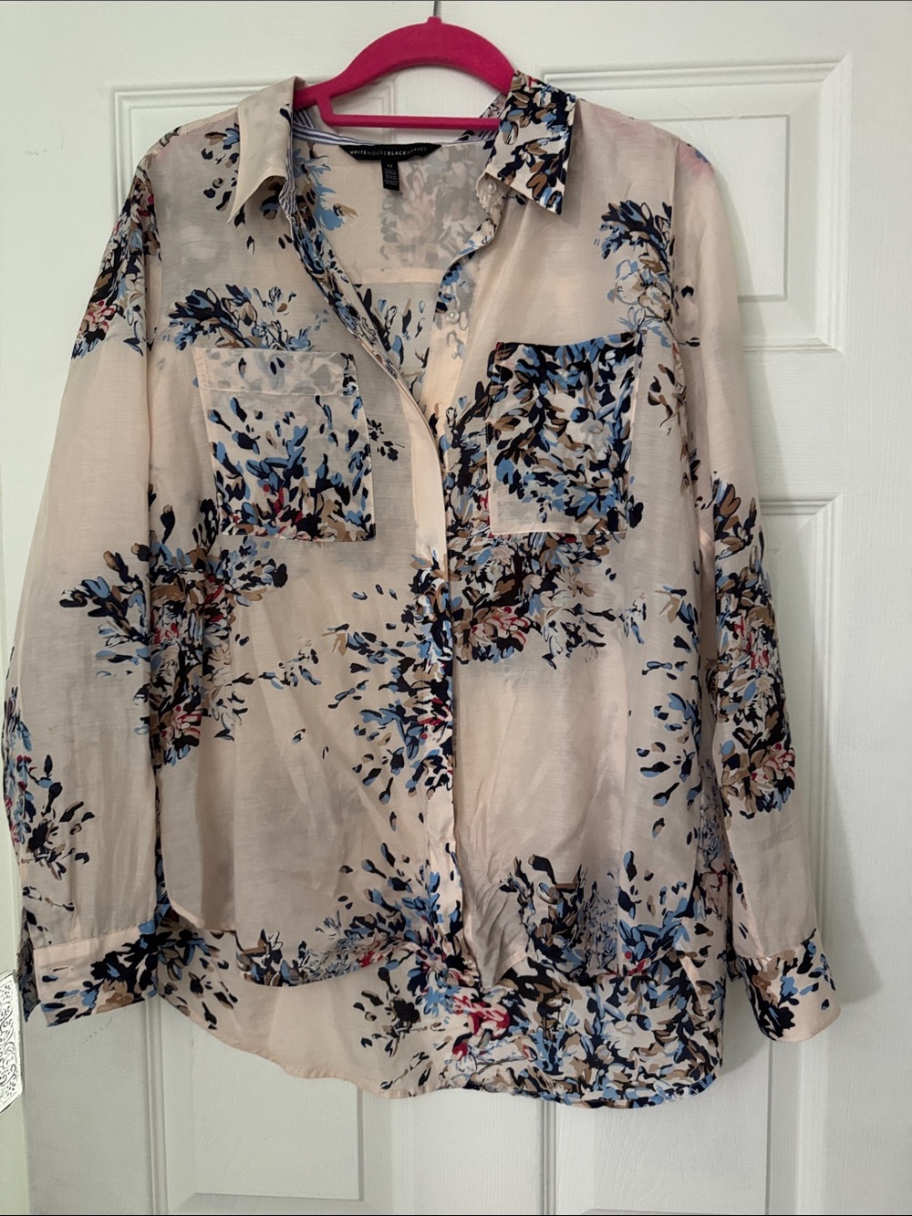 White House, black market 
Floral Button-Up Blouse with Blue Accents